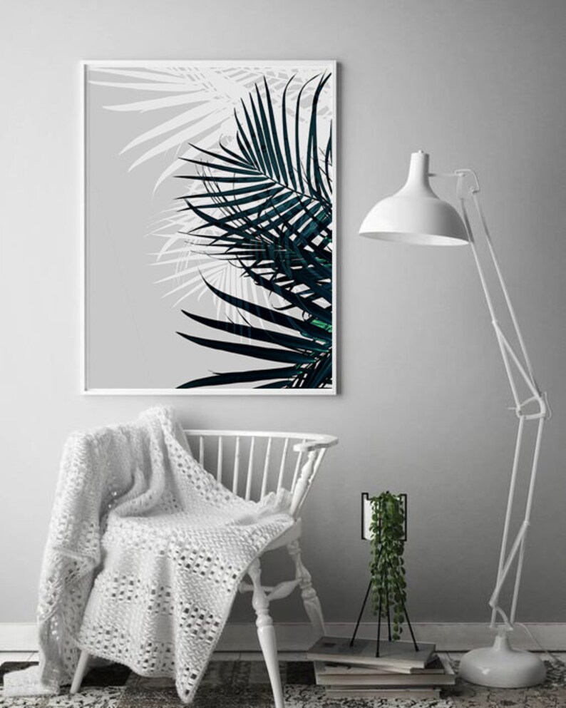 Blue And White Prints Grey Wall Art Bedroom Decor Palm Leaf Etsy