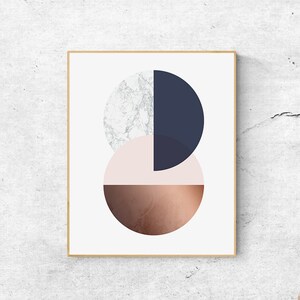 Arte geométrico de pared en cobre: Impresión minimalista en azul y dorado (descarga digital)