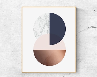 Geometric Copper Wall Art: Blue and Gold Minimalist Print (Digital Download)