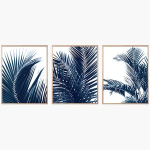 Downloadable Prints Set Of 3 Tropical Leaf Above Crib Wall Decor, Navy Blue Printable Wall Art, Bathroom Wall Decor, Palm Leaves Wall Art