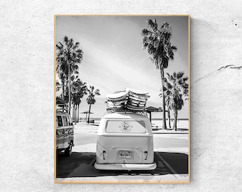 Black and White Beach Print: Palm Trees, Combi Van (Digital Download)