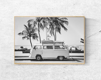 Black and White Beach Print: Combi Van & Palm Tree Photography (Instant Download)