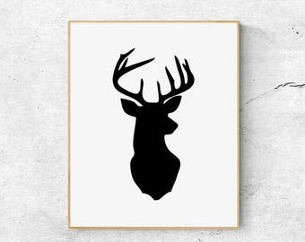 Black And White Wall Art Printable, Deer Head Print, Animal Print Poster, Scandinavian Prints, Deer Antlers, Stag Head