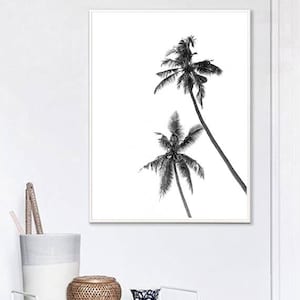 May include: Black and white framed print featuring two palm trees against a white background. The palm trees are detailed with dark fronds and trunks, creating a tropical aesthetic. The artwork is displayed in a white frame.