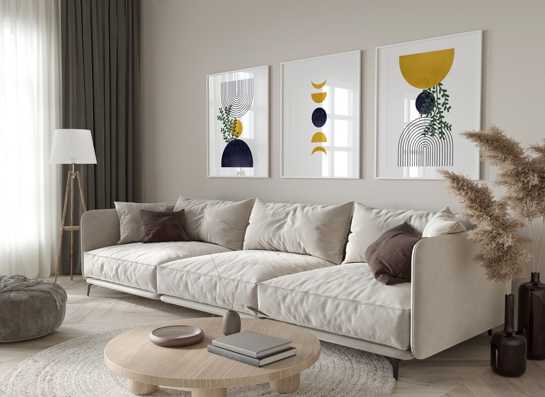 Mustard Yellow Navy Blue Wall Art Set of 3 | Mid-century Modern ...