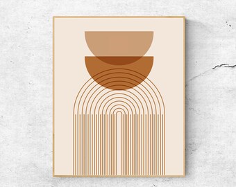 May include: Abstract art print featuring a beige background with brown geometric shapes. The shapes are arranged in a pattern of overlapping semi-circles and vertical lines, creating a modern and minimalist design.