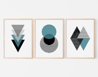 Teal Wall Art Print Set Of 3 Mid Century Modern Wall Décor, Minimalist Wall Art Set Of 3 Prints Gallery Wall Set, Gray And Teal Blue