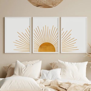 Minimalist Sun Wall Art, Bedroom Wall Decor Over The Bed Set Of 3 prints, Gold Sun Boho Wall Decor, Gallery Wall Set Printable