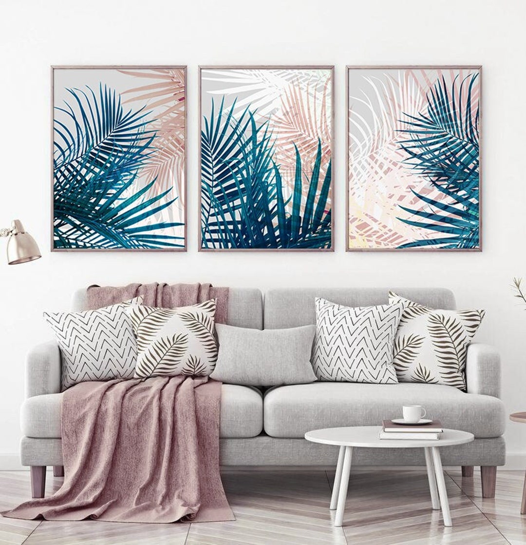 Living Room Decor Set of 3 Prints, Navy Blue Wall Art, Botanical Prints ...
