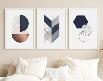 Navy Blue Abstract Wall Art, 3 Piece Wall Art Printable, Geometric Wall Art Abstract Scandinavian Prints Digital Download Set Of 3 Prints