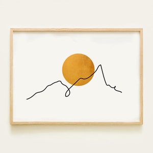 Mid Century Modern Mountain Print: Gold Sun, Minimalist Landscape (Digital Download)