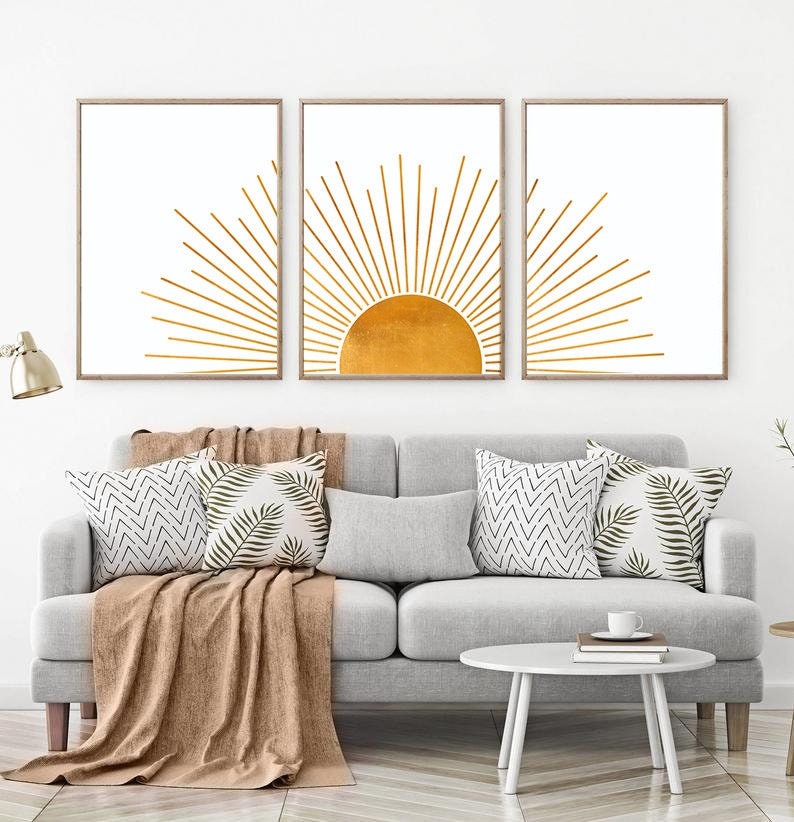 Set Of 3 Bedroom Wall Art Prints Gold sun Wall Decor Sunrise Etsy
