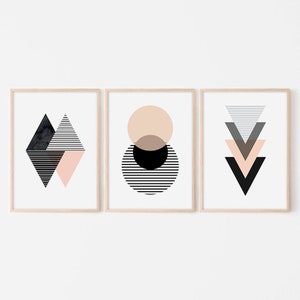 Geometric Wall Art Printable Set of 3 Prints, Pink Wall Decor, Living ...