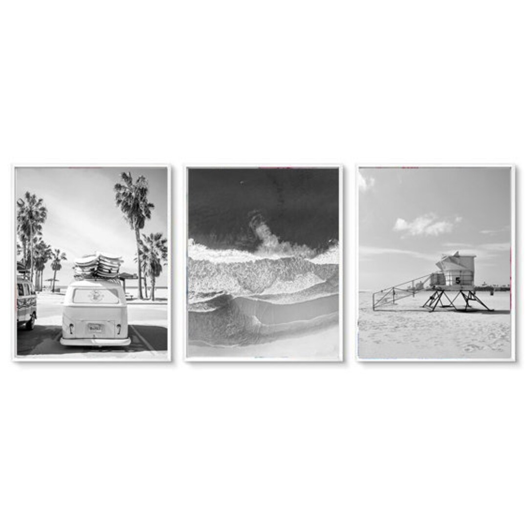 Set of 3 Prints Black and White Wall Art, Beach Prints, Digital