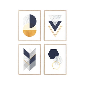 Navy Blue And Gold Wall Art, Gallery Wall Set Blue, teal And Gold Wall Art, Geometric Wall Art Abstract Digital Download