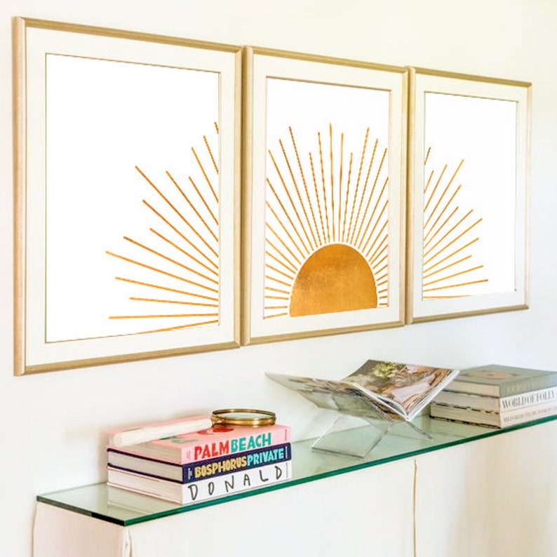 Set of 3 Bedroom Wall Art Prints Gold Sun Wall Decor Sunrise Etsy