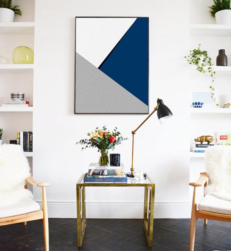 Navy blue wall art geometric print Large wall art prints Etsy