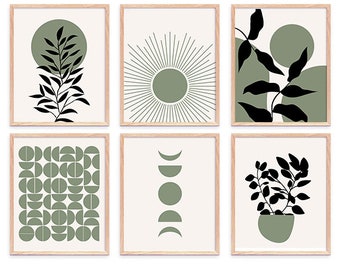 Sage Green Gallery Wall Art Set: Mid Century Modern, Boho Decor (Digital Prints)