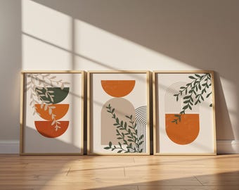 Mid Century Modern Wandkunst Set aus 3, Terrakotta Deko, MCM Geometrische Kunstdrucke, Digitaler Download