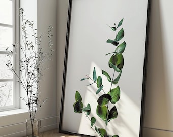 Eucalyptus Botanical Print – Minimalist Green Leaf Wall Art, Neutral Japandi Digital Download