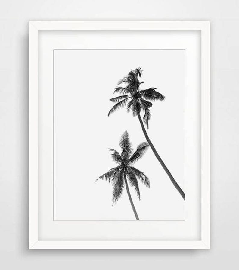 May include: Black and white framed print featuring two palm trees against a white background. The palm trees are detailed with their fronds and trunks, creating a tropical aesthetic. The print is encased in a white frame.