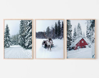 Set Of 3 Prints Scandinavian Art, Christmas Décor, Snowy Landscape Set Of 3, Moose Photography, Winter Posters, Printable Modern Wall Décor
