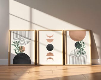 Set van 3 botanische wanddecoraties in mid-century modern stijl, geometrische abstracte prints voor de woonkamer, printbare wanddecoratie, digitale download