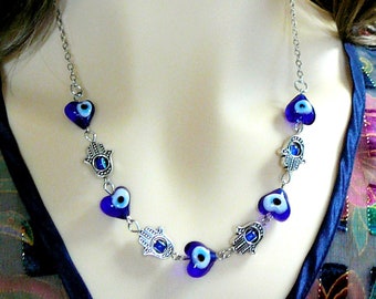 Necklace Cobalt Blue Glass Eye Heart Beads Silver Tone Chain Handmade Jewelry SylCameoJewels