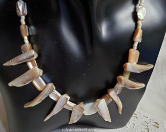 Caribbean Inspired VTG 80's Natural Mother Of Pearl Shell Choker| Bib Style Necklace Beachy Jewelry Gift Etsy | sylcameojewelsstore