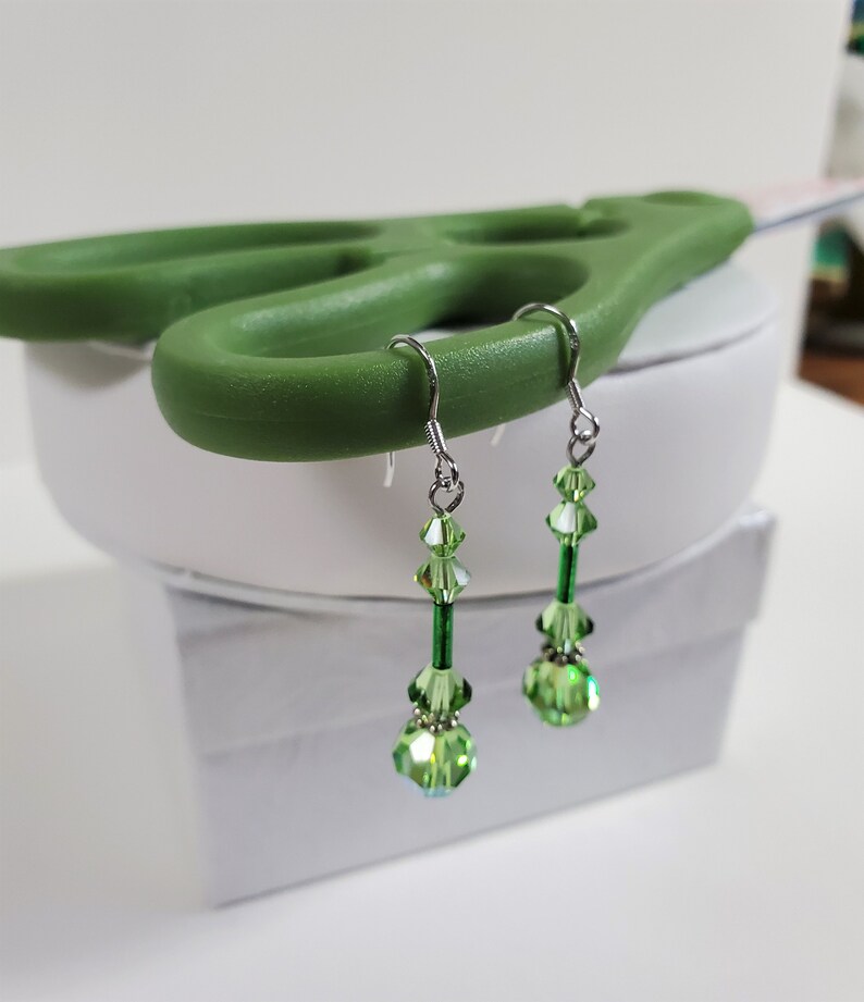 thumbnail image 2 of Icon Sunflower Drop Dangle Earrings – Green Crystal, Silver Base, Fish Hook Wires – Pierced Lobe 2 of 6