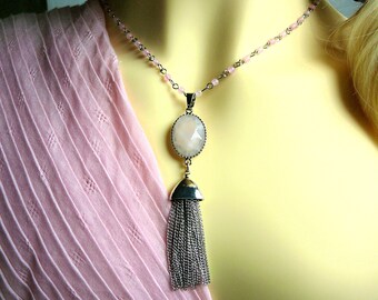 Necklace Rose Quartz Gemstone Pendant Pink Bead Semi-Precious 29 inch Silver Plated Chain Fine Handmade Jewelry Gifts For Her