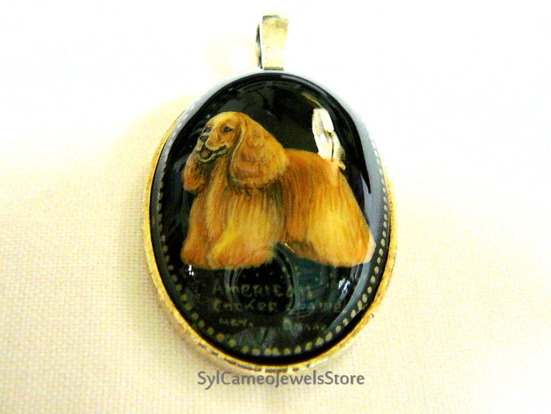 Hand Painted Cameo American Cocker Spaniel Dog Pendant Jewelry Original Art Black Onyx SylCameoJewelsStore