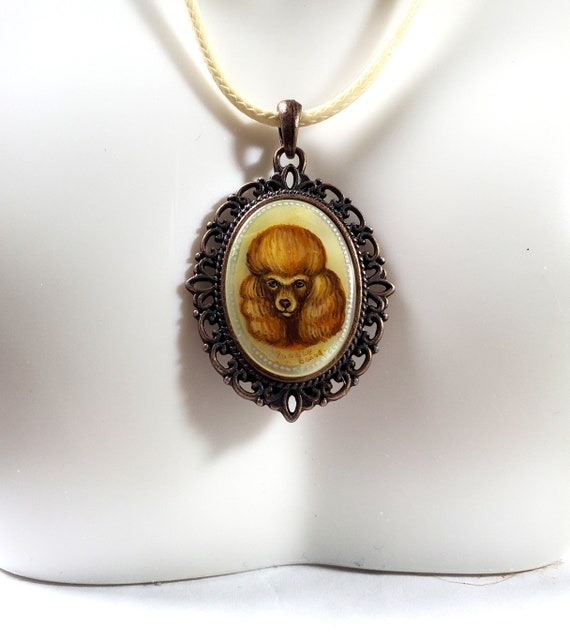 Hand Painted Tan Poodle Dog Cameo Set in Bronze To