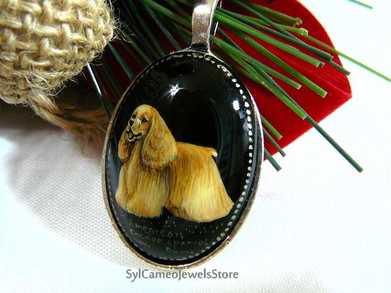Hand Painted Cameo American Cocker Spaniel Dog Pendant Jewelry Original Art Black Onyx SylCameoJewelsStore