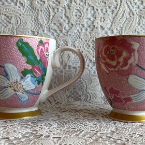 ENGLISH MUG GO Sylish Pink Green Gold Pair Fine China Mic Dish Safe Set Hot Drinkware Coffee Tea Cup Home Decor Country Cottage Core Gift