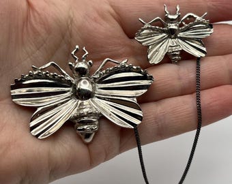NATACHA BROOKS CHATELAINE Sterling Silver Double Moths Brooch Popular Insect Pin Style Rare Vintage 1940s Jewelry Collection Collector Gift