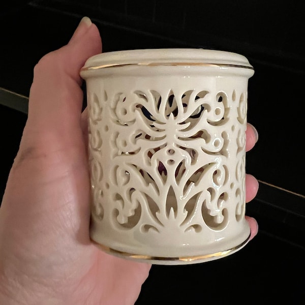 VINTAGE LENNOX CANDLEHOLDER Pierced Illuminations Votive Collection Cutwork Porcelain 24K Gold Trim Fine Design Discontinued Gift Home Decor