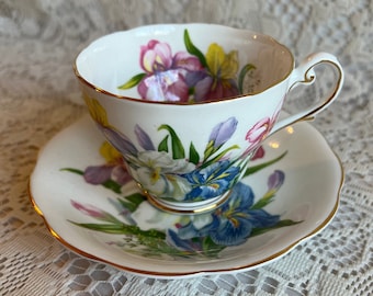 IRISES TEACUP SAUCER Rare Winsome Pattern Fine Bone China England Gold Trim Ex Cond  1950s Vintage Country Cottage Core Spring Decor Gift