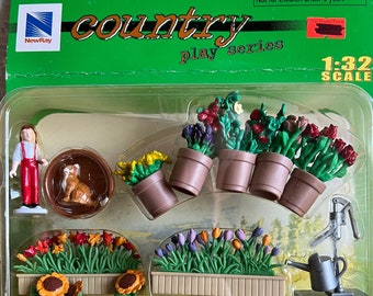 RARE IN PACKAGE NewRay Country Play Series 1-32 Scale 1999 Flower Garden Girl Cat Donkey Cart Tulips Sunflowers Water Pump Figurines Ladder