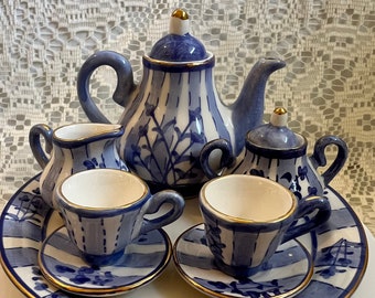 MINIATURE TEA SET Shabby Chic Decorative Teapot Sugar Bowl Creamer  2 Cups Saucers Tray Fun Toy Vintage Gift Blue White Home Decor Display