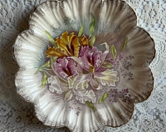 RARE ANTIQUE PLATE Early 1900s Franz Mehlem Royal Bonn Handpainted Irises Dish Gold Scalloped Edge Spring Home Decor Vintage Gift Pristine