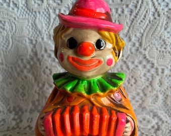 NEON CLOWN BANK Rare Ex Cond Pink Orange Yellow Green Figure Accordion Player Vintage Retro Ceramic 70s Collector Item Fun Home Decor Glows