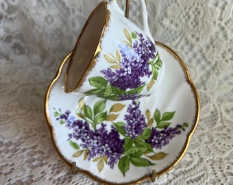 LILAC TEACUP SAUCER Rare Salisbury Bone China England Lilac Pattern 2299 Fluted Scalloped Gold Trim Ex Cond  1940s Spring Decor Vintage Gift