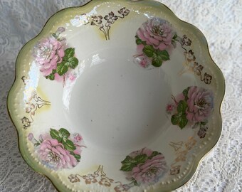 PINK GREEN BOWL Porcelain Floral Early 20th Century Vessel Large Bavarian Vintage Home Decor Gorgeous Catchall Pretty Centerpiece Gift