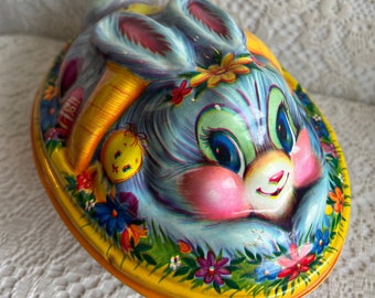3D EASTER BOX Ullman Colorful Bunny Rabbit Container Vintage Molded Plastic Candy Basket 1970s Collector Item Home Decoration