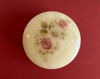 LARGE ROUND ALABASTER Hinged Box Himark Giftware Italy Roses Daisies Leaves Stems Decorative Trinket Holder Rare Vintage Lovely Gift Ex Cond