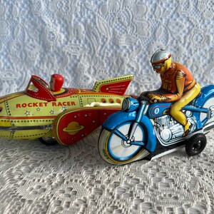 VINTAGE TIN TOYS Two Rare Friction Blue Original Pn-Cord Motorcycle Reproduction Orange Rocketship Collector Nostalgic Home Decor Gifts Art