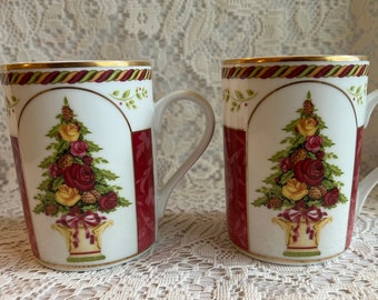 SEASONS OF COLOUR Cranberry Red Mugs Royal Albert 2001 Old Country Roses Pair Drinkware Xmas Holiday Set Rare Disc Country Cottage Core Gift