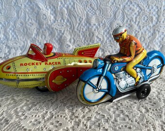 VINTAGE TIN TOYS Two Rare Friction Blue Original Pn-Cord Motorcycle Reproduction Orange Rocketship Collector Nostalgic Home Decor Gifts Art