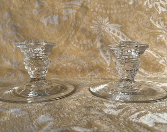 RARE CANDLESTICK HOLDERS Romantic Fostoria American Classy Clear Glass Elegant Pair Stem Pattern 2056 Item #314 1970 Home Decor Vintage Gift